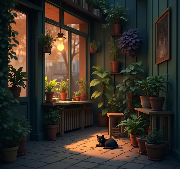 city, paint shop or cafe, Lofi style a dusk or dusk,  Detailed, sombras en lugares correctos y  Detailed, with a little black kitten resting somewhere in the store, with pretty plants