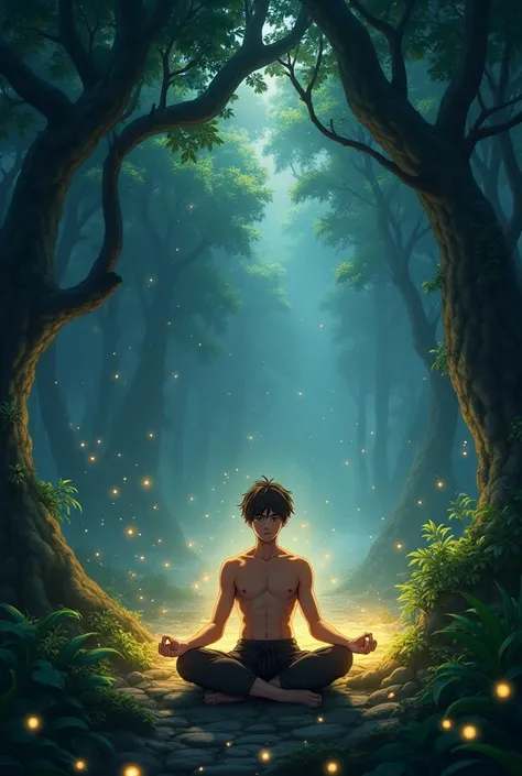 "A mystical dense jungle at night, glowing fireflies floating, ancient towering trees covered in mist. In the center, a young martial artist, Umair, with a sharp, chiseled physique, fair skin, brown hair, and glowing hazel eyes, sits cross-legged in deep m...