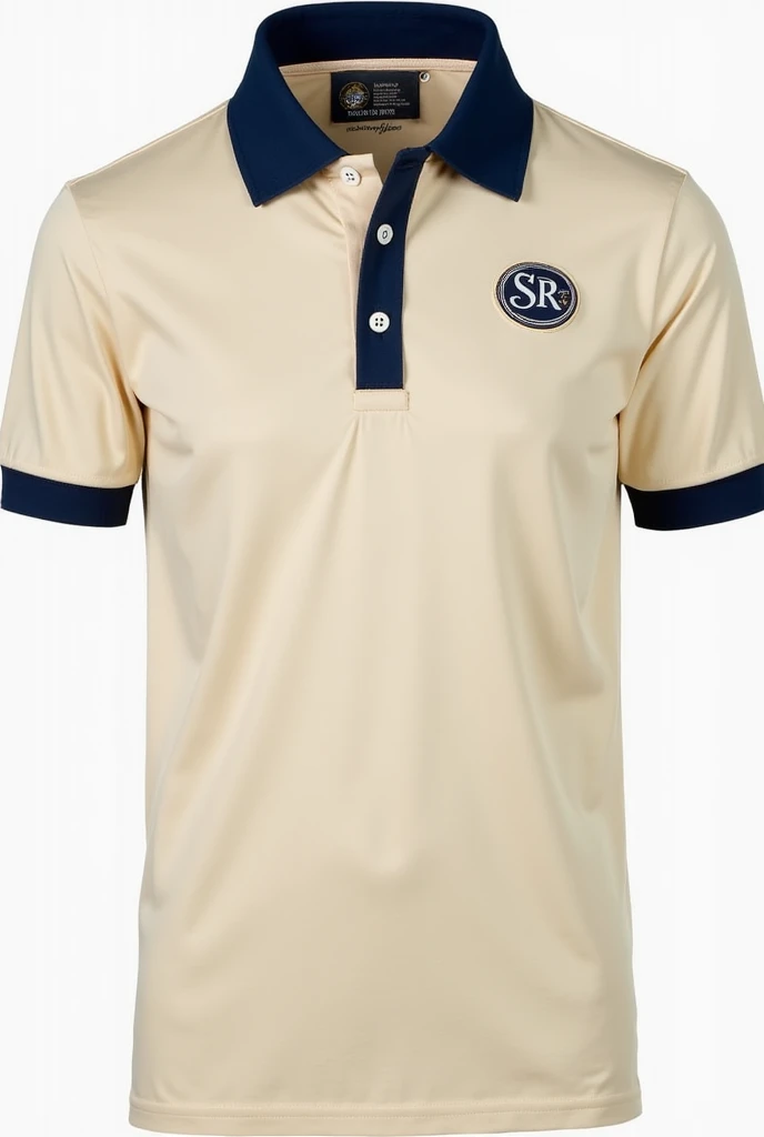 polo color beige suave, navy blue collar with two navy blue buttons, soft beige sleeves with a navy blue trim on the edge with a logo on the right side of the chest with letters SR in navy blue, elegant casual style suitable for uniforms