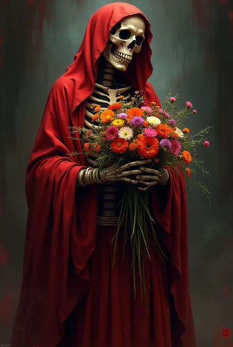 Santa Muerte Roja with flowers