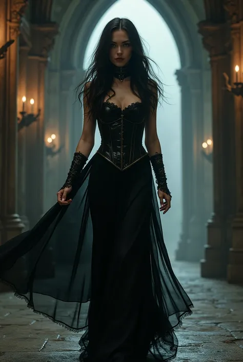 Nightwish lead singer in a corset-style gothic vinyl dress walking forward in the setting of Gothic architecture 