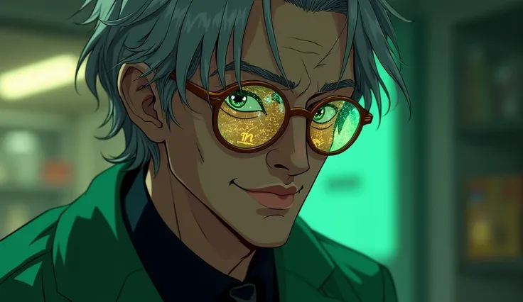 7. DR.  Yurogoto
• Appearance :  Slim 50-Year-Old Male ,  messy gray hair and gold-framed glasses .
 • Details :
o Clothing :  Green lab coat over a black suit .
 o Accessories :  An antique pocket watch showing holograms of equations.
 or Expression :  In...