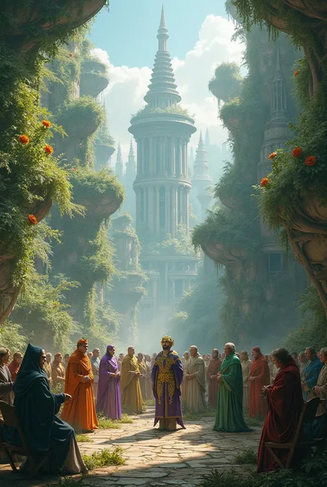  Kingdom of plants ,Kingdom of Futuristic Robots , kingdom of humans , Kingdom of Wizards with lengthy robberies showing them all at a meeting of leaders in the capital of the kingdom of plants with structures and nature combined