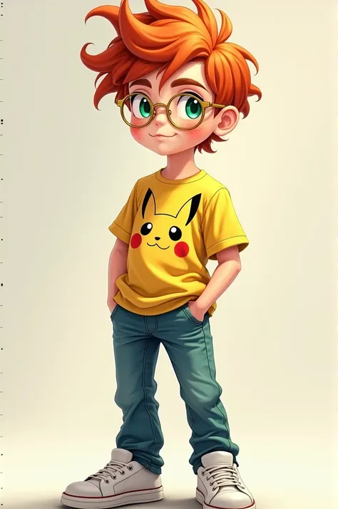 19 year old adult boy orange hair dark green eyes dots on face wearing gold glasses Pikachu jeans shirt and white shoes full body 