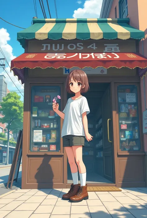  Create a full-length anime photo of a  girl wearing a t-shirt,shorts, white socks and boots , she's standing outside a store 

