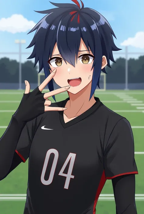 Anime boy, blue lock, black shouldered hair with red tips, brown dark eyes, sharp jawline, eyebrow piercing, tongue out, tongue piercing, long elbow fingerless black gloves, rocker sign, mole beneath the eye, black jersey, number 04, football field