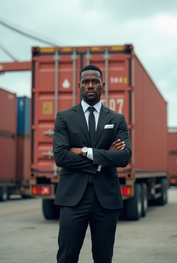 Generate the image of an elegant and refined professional freight forwarder in Afro black color who is standing in front of an onion container 