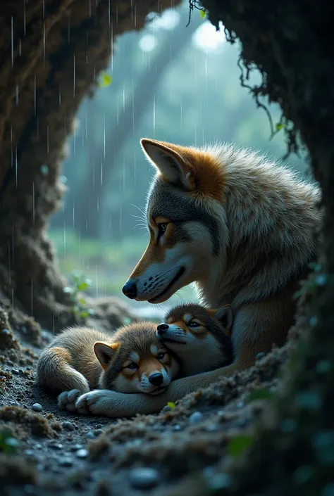 Wolf mother with her babies inside a big comfortable burrow cuddling while the rain is falling hard outside in the forest at night 