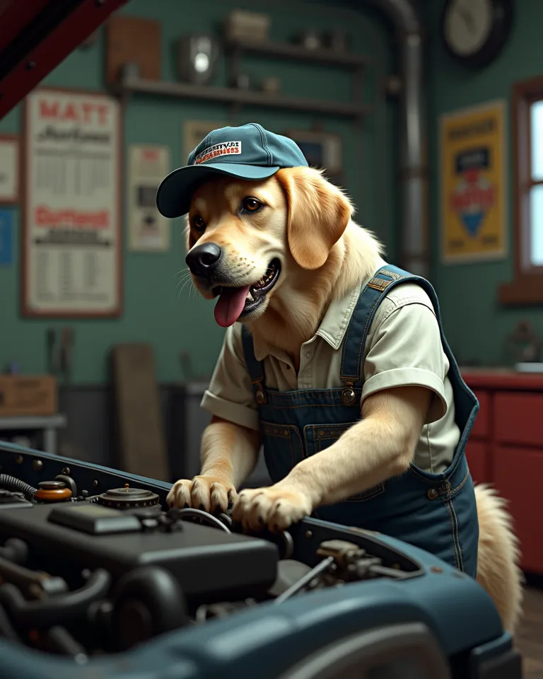 a light-haired Labrador dog mechanic wearing a mechanic's uniform repairing a car in the back of an auto repair shop