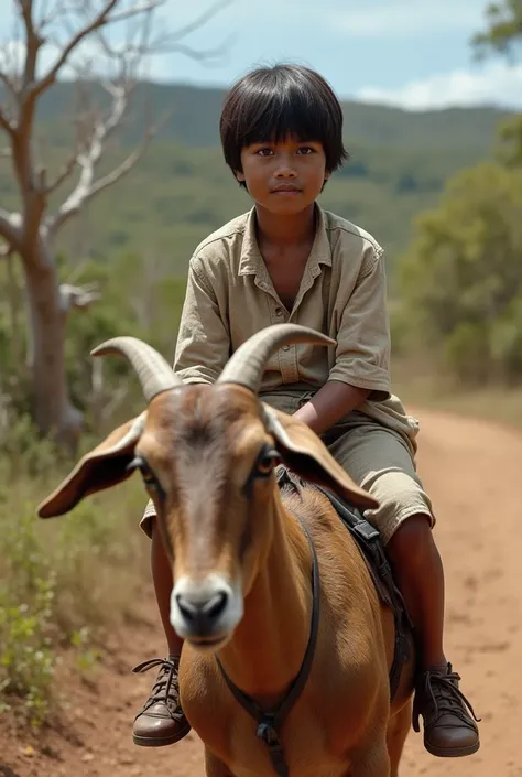 very realistic photos of a Northeastern boy with straight hair riding a goat in northeastern Brazil with catinga landscapes 