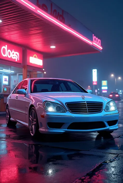 Show me Mercedes Benz 2004 S55 white in gas station at night with style 80s neon 