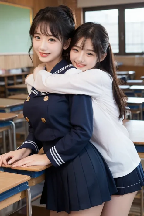   2 Girls、 Navy dark blue sailor suit  、 big breasted, classroom, Big Breasts、 hug、smile、 mini skirt