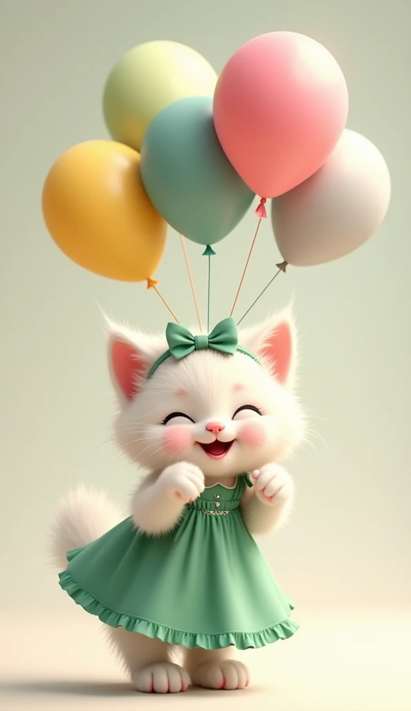 cute white kitten, Adorable and cheerful wearing green dress and matching ribbon band grasping 5 balloons with her hands. The color of the balloon is green,  yellow , gray, pink, and blue.