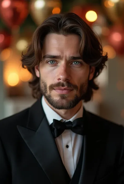  handsome and attractive young and very attractive,  with a beard and white skin ,  blue eyes and shoulder-length brown hair, dressed in a black suit celebrating his birthday 