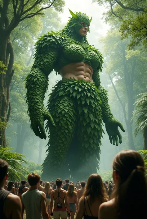 female Forest Giant in a cropped tops costume made of leaves, many people around the giant, side view from below