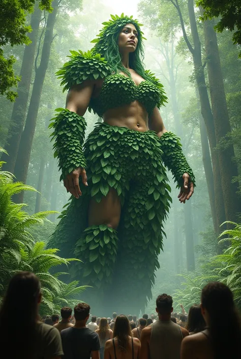 female Forest Giant in a cropped tops costume made of leaves, many people around the giant, side view from below