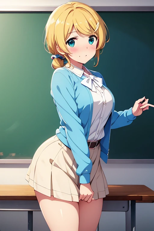 Ellen Baker in light blue clothes blushes on the blackboard in the classroom and writes letters about sexual activity on the blackboard during health and physical education classes on the blackboard