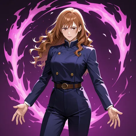 jujutsu kaisen anime women spy fit and with mid long brown wavy hair and cursed energy fighting 