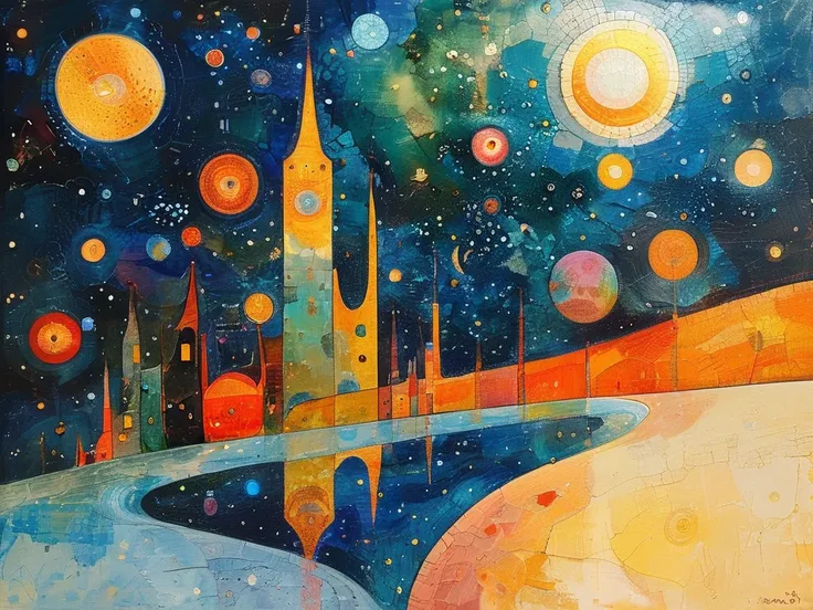 ( Masterpiece,  top quality:1.4),  fantastic space city ,  deep blue outer space ,  three-part composition , Golden ratio composition,  floating round glass ball ,  sparkling stardust and galaxy light ,  fantastic city floating in the sky , Gothic architec...