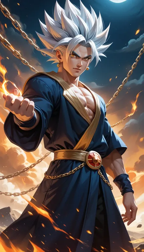 dragonball, liveaction,Gohan, homem, now a haunted sage, wears a ceremonial robe of midnight blue, embroidered with forgotten celestial sigils. His golden eyes gleam beneath a tattered hood, his body wrapped in dark chains that shimmer with forbidden power...