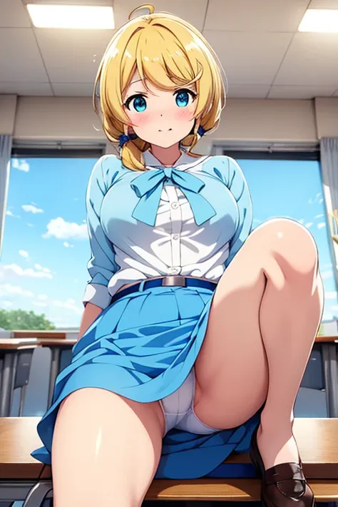 Ellen Baker in light blue clothes blushes at the classroom desk and opens her legs in a no-paned skirt on the classroom