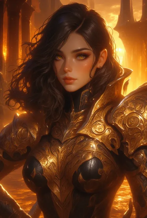 a woman in a black lingersuit and a gold armor, extremely detailed artgerm, ornate cosplay, gorgeous female paladin, beautiful sorceress, stunning armor, from world of warcraft, by Yang J, wlop and artgerm, black - haired mage, ornate bikini armor, a beaut...