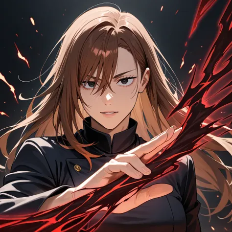 jujutsu kaisen anime women with black outfit and shoulder length ash brown hair and black eyes  cursed energy black clothes 