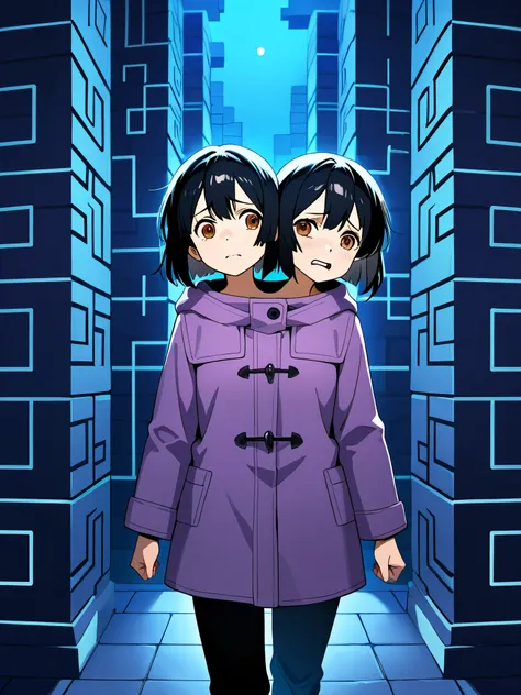 anime girl with two heads, looking in different directions, worried, left head's mouth open, right head's mouth closed, black hair, brown eyes, purple coat, black pants, lost in an endless maze, walking, maze, night, dark