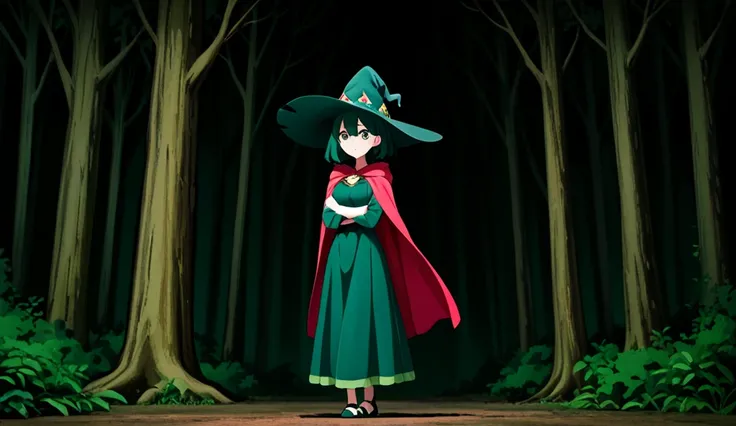  anime girl image, yourself,  green dress,  red cape, dark green witch hat, bastón de yourself de apariencia poderosa ,  of foot,  full body, In the background a dark forest,  looking at the spectator, behind some yellow wolf eyes , 