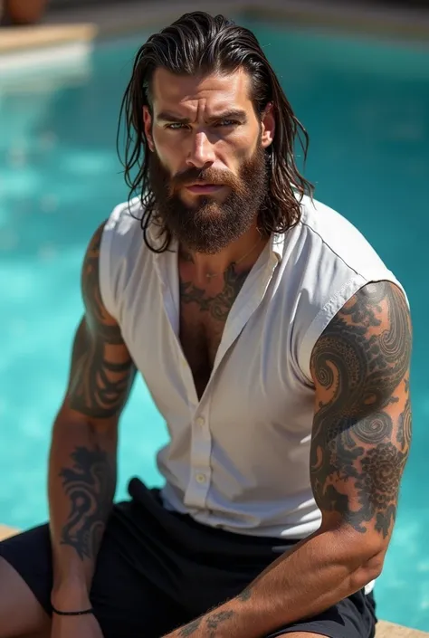 Square face with attractive features, high cheekbones, highly erotic, most sexie. German  man Florian Munteanu 35 years old, wet long hairstyle, fair skin, textured skin,full beard,blue eyes, maxilar definido retangular, 1.85 de  altura, With tribal snakes...