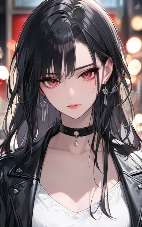  beautiful women, cool, Looking down with a cold gaze , Beautiful messy long black hair,  red eyes、 choker, ( super precise,  Absolute Resolution,  top quality:1.3)、Sad face、 black leather jacket、Well-groomed 