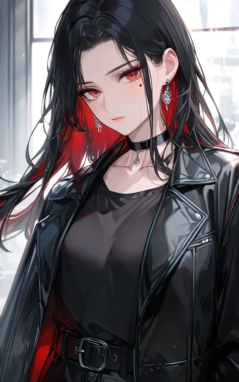  beautiful women, cool, Looking down with a cold gaze , Beautiful messy long black hair,  red eyes、 choker, ( super precise,  Absolute Resolution,  top quality:1.3)、Sad face、 black leather jacket、Well-groomed 