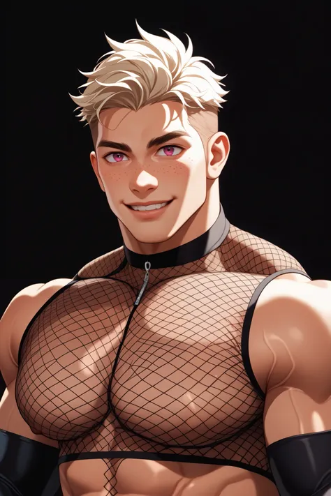 Muscular man, young age man, masculine hunk, pale skin man, freckles, man with very short pure white hair, pink eyes, really short pink stubble, man wearing a fishnet crop top, man wearing a black thong, man wearing black nylon thigh highs, closed mouth, c...