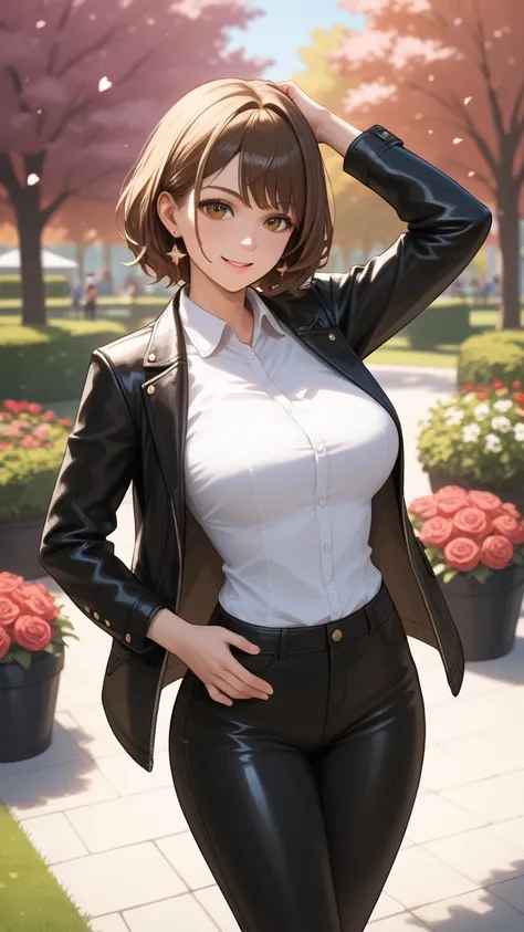   score _9,   score _8,   score _7,   source  _    animated, 1mature_FE, Women,  morocca, Sonrosa ,  brown hair, short horse,   brown eyes, white shirt ,  black leather jacket ,  black leather pants Serena look,  Valentine's Day chocolate box , Flowers in ...