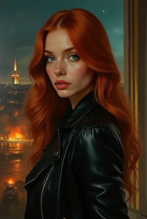  Realistic oil painting  , Beautiful woman with long copper red hair and bright emerald green eyes ,  the woman is a young Russian , Beautiful with intense emerald green eyes and defined eyebrows ,  long eyelashes and thick lips with porcelain skin the wom...