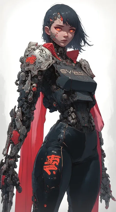 Cyberpunk Armour , Portrait of a young cybernetic warrior with short black hair and red highlights, her intense eyes glowing with determination. She wears a futuristic black armor with red accents and metallic shoulder plates, featuring intricate technolog...