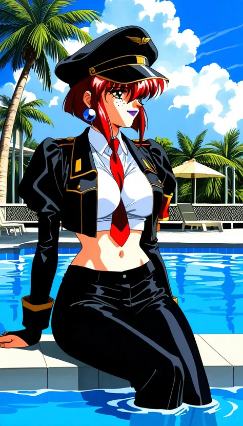 score_9, score_8_up, score_7_up, (soaking feet), pool, palm tree, outdoors, sitting, water, looking to the side, light smile, day, sidelighting, cloudy sky, partially submerged, cocktail, scenery,  BREAK MainOutfit_Tiger_ownwaifu, 1girl, short hair, hat, r...