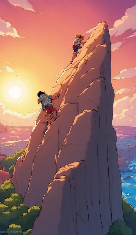 Zoro and Luffy ,  in Hawaiian shirts ,  Zoro has red shorts ,  luffy has blue shorts ,  luffy has his characteristic straw hat,  they are climbing a very straight mountain ,  in the background a coastal landscape ,  you can see the sea and a sunset  