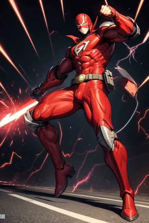 ((best quality)), ((masterpiece)), (detailed), 1 man, full body, 30s, black masks, red helmet that covers his entire head, smooth helmet, uncovered face, helmet with a flashlight on his forehead, black collar, tall and muscular, very large, red armor, 2 la...