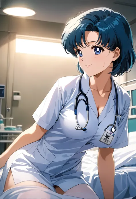 masterpiece, Highest quality, High resolution, (Which is Mizuno),1990s \(style\),Female doctor, height: 160cm, Blue Hair,Short Hair、sexyな脚, White,The background is the hospital,(C cup beautiful breasts)、Sweating all over the body、vapor、Muscular、sexy、A face...