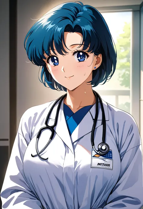 masterpiece, Highest quality, High resolution, (Which is Mizuno),1990s \(style\),Female doctor, height: 160cm, Blue Hair,Short Hair、sexyな脚, White,The background is the hospital,(C cup beautiful breasts)、Sweating all over the body、vapor、Muscular、sexy、A face...
