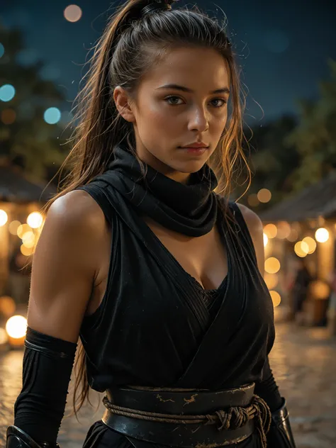 masterpiece, best quality, amazing quality, realistic, close up, black ninja, cleavage , (looking at viewer:1.3),  night, dark theme, depth of field, bokeh, 