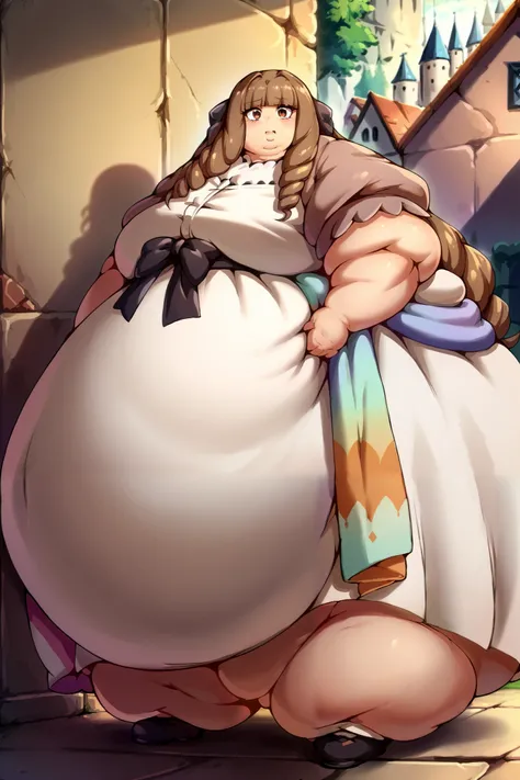 elizabeth klyrode, 1girl, brown hair, long hair, blunt bangs, brown eyes, solo, drill hair,    white dress, short sleeves black bow, hair bow,puffy sleeves, puffy short sleeves,colorful shawl, ribbon, fat, chubby, obese, gigantic arms and legs, gigantic ar...