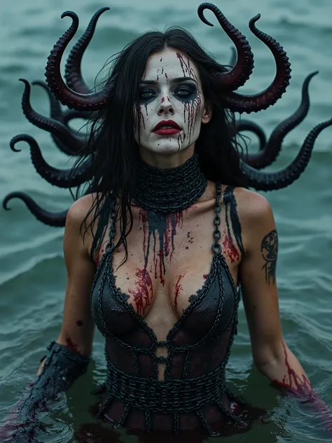 Beautiful Female necromancer,chain dress,rising from the ocean,exposed bones on her face and chest,spilled with red and black goo,dark makeup,dark surrealism,dark realistic photography, dark occult art,melancholic dark art, surreal dark art,realistic look,...