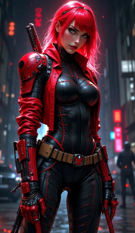 chica, bright red hair ,  of foot,  looking at the spectator,  black leather and latex suit ,  details of the suit in neon red , black exoskeleton boots red ,  bright red short jacket ,  a pair of catanas both crossed at the waist from behind,  the grips a...