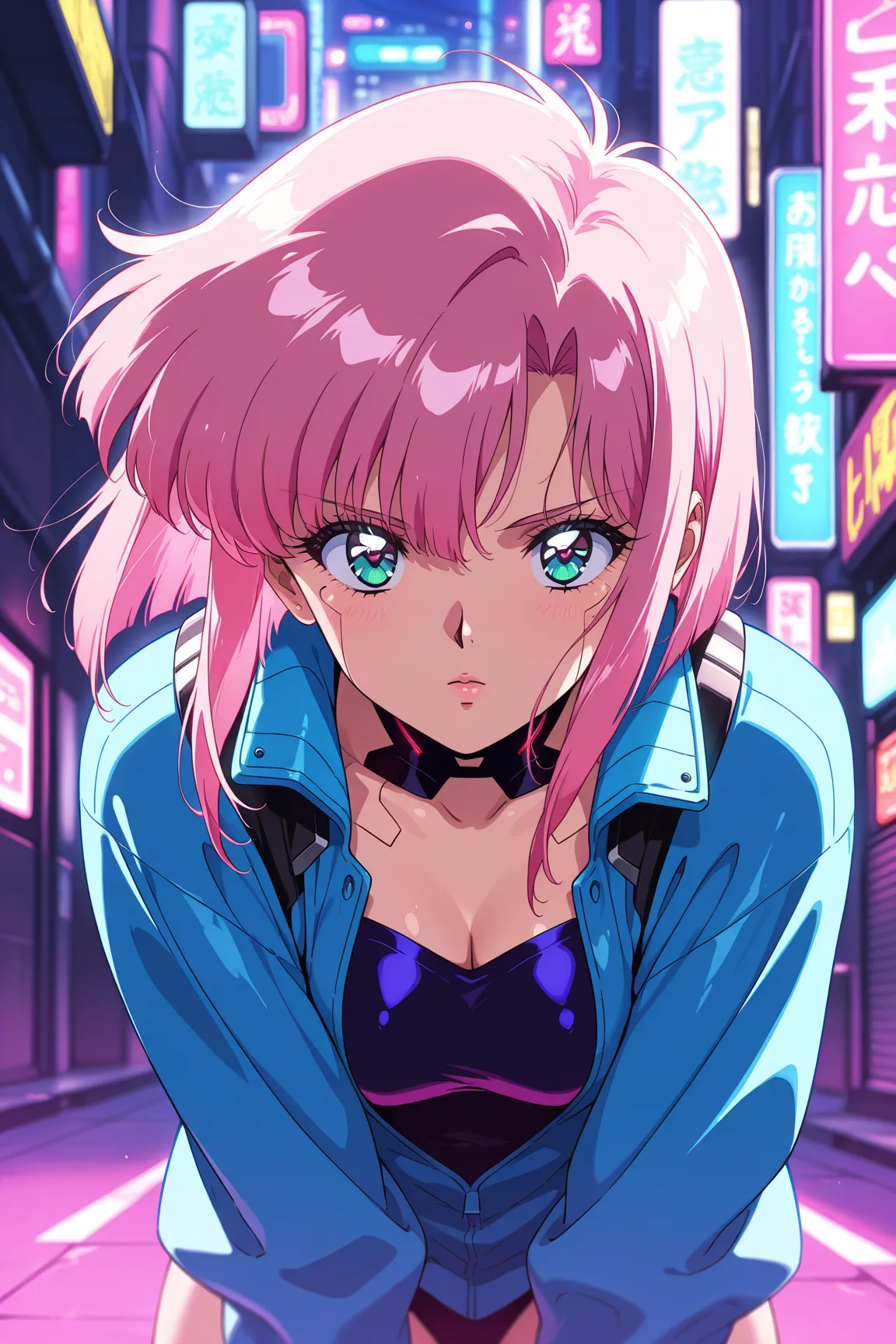 , masterpiece, best quality, good quality, very aesthetic, absurdres, newest, 8K, depth of field, focused subject, a cyberpunk girl with pink hair, in the style of cknc, ((retro anime))