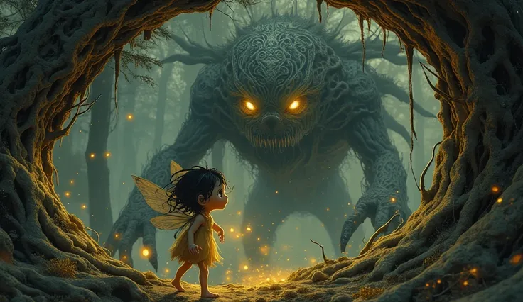 A terrified fairy’s face and shoulders in extreme close-up, occupying 80% of the frame. Her wide, glowing eyes are filled with fear as she looks up in horror, her delicate features illuminated by a faint, golden glow. Her trembling hands are raised defensi...