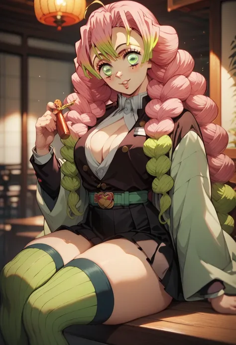 Mitsuri Kanroji curly pink hair green eyes big boobs shaved abdomen thick thighs Big black skirt sexy black blouse stockings green pants big on thighs thighs Thick sitting with her legs crossed doing sexy pose