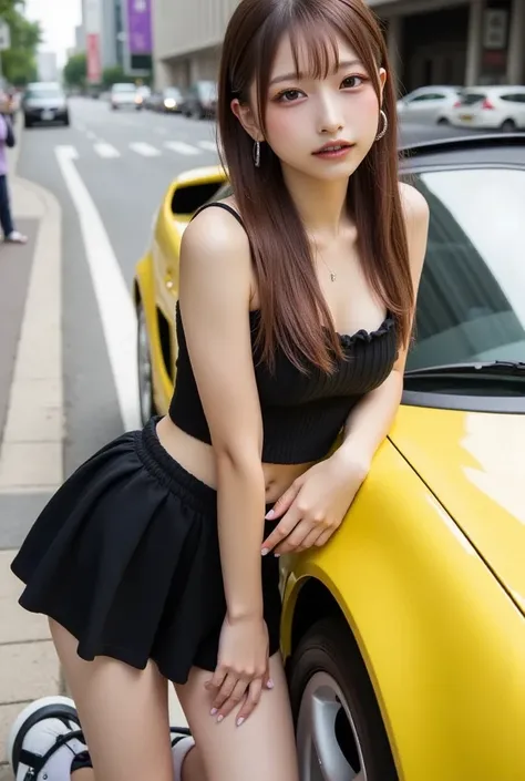 Ultra High Definition, photorealistic, (Japanese Girl, 18 years old), long hair, (intricate detail face), beautiful, joyful expression, full body, perfect composition, posing next to a yellow sports car, Tokyo street, depth of field, soft lighting 