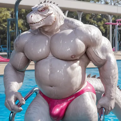 furry male, bara, mature male,
1boy, solo, bara, bare pectorals, biceps, white skin, furry male, detailed skin, white Tyrannosaurus rex boy, tail, older, looking at viewer, huge bodybuilder, chubby belly, muscular male, shirt covered nipples, veins, big pe...